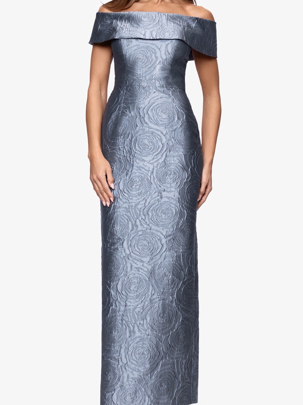 Xscape Off Shoulder Rose Embossed Midi Dress - Slate Blue